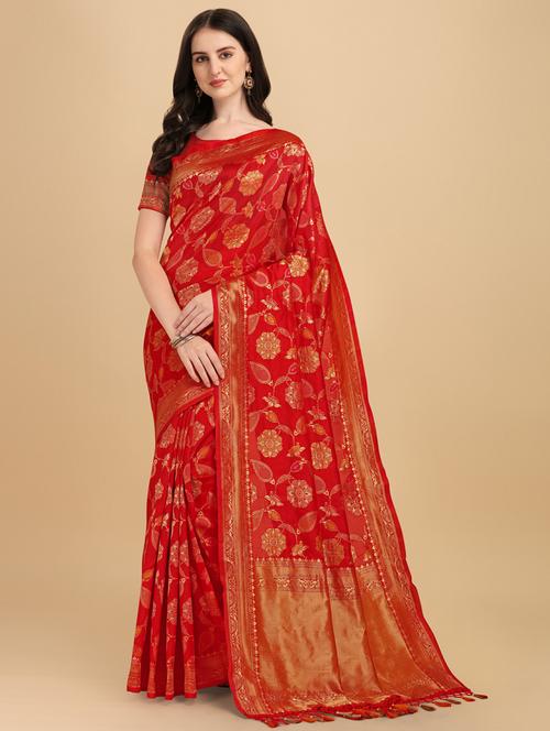 red silk banarasi saree with blouse - 19914849 - Very Small Image - 1