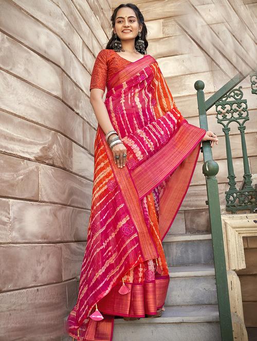 women's printed pink colored saree with blouse - 19915245 - Very Small Image - 1