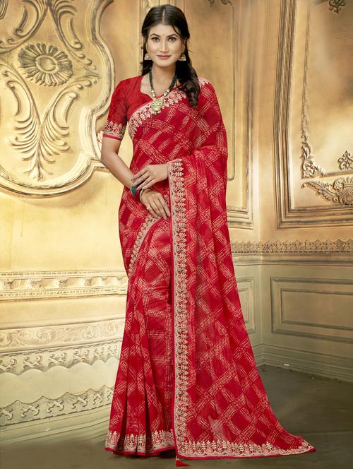 women's printed red colored saree with blouse - 19915257 - Very Small Image - 1