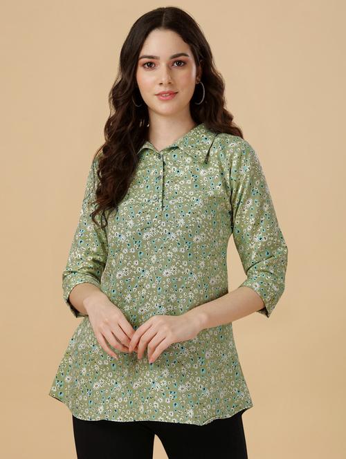 green floral print shirt collar regular tunic  - 19918102 - Very Small Image - 1