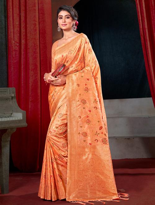 women's self design orange colored saree with blouse - 19925367 - Very Small Image - 1