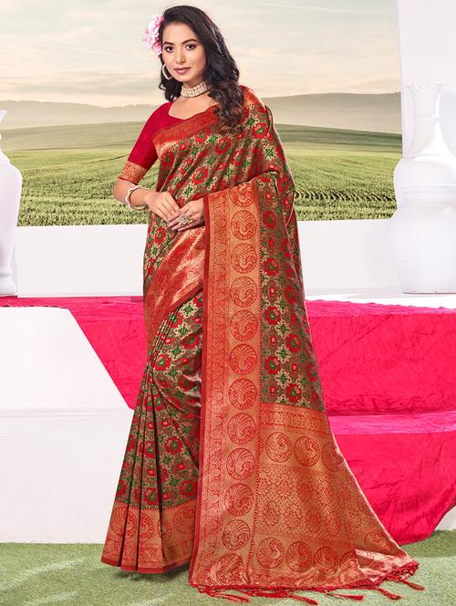 women's self design green colored saree with blouse - 19925376 - Very Small Image - 1