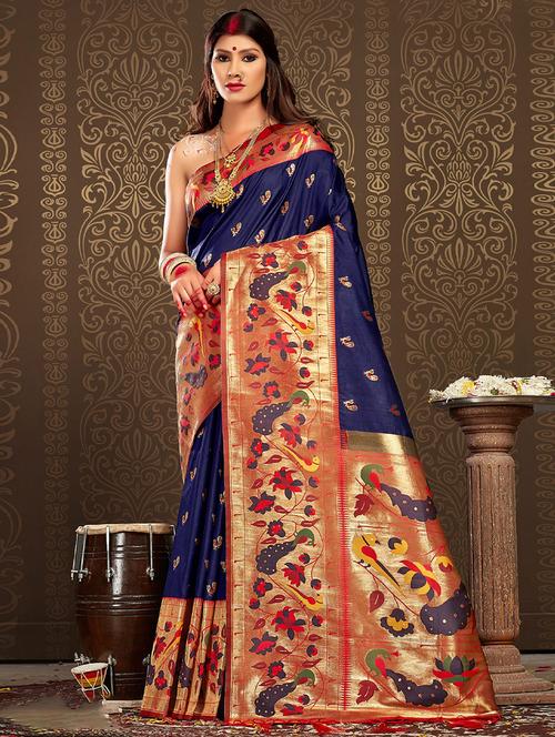 women's self design navy blue colored saree with blouse - 19925503 - Very Small Image - 1