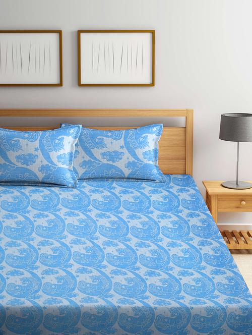 fabinaliv blue cartoon design 100% cotton handwoven king size double bedcover with 2 pillow covers - 19926963 - Very Small Image - 1