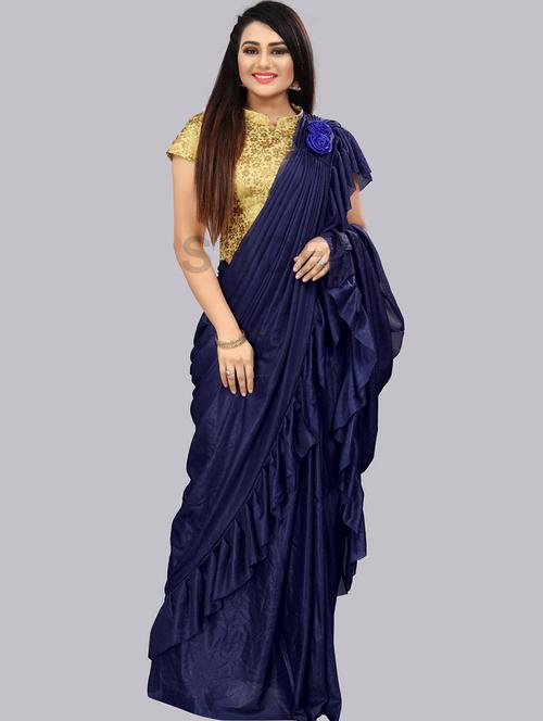 ruffle detailed solid saree with blouse - 19937766 - Very Small Image - 1