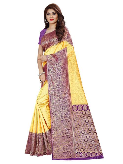 yellow silk blend kanjivaram saree with blouse - 19941329 - Very Small Image - 1