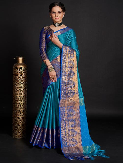blue cotton blend saree with blouse - 19941545 - Very Small Image - 1