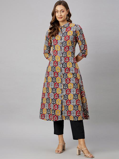 mandarin neck printed a-line kurta - 19941622 - Very Small Image - 1