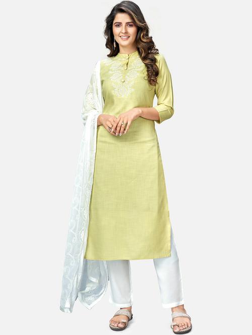 embroidered neck solid kurta dupatta set - 19942631 - Very Small Image - 1