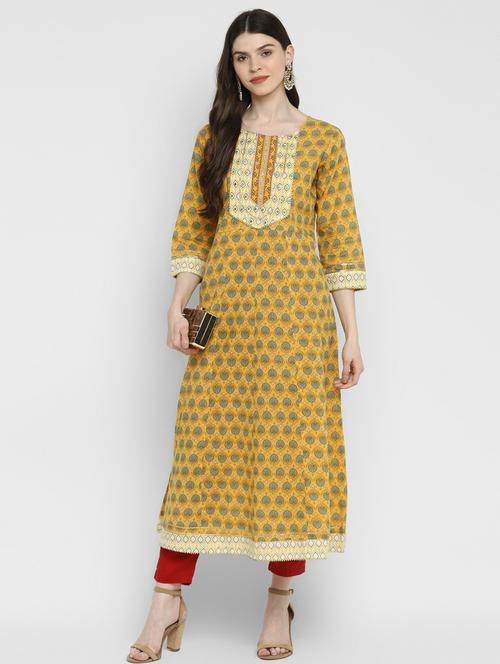 yellow cotton blend anarkali kurta - 19942995 - Very Small Image - 1