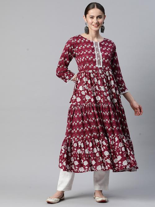 maroon cotton tiered kurta - 19943137 - Very Small Image - 1
