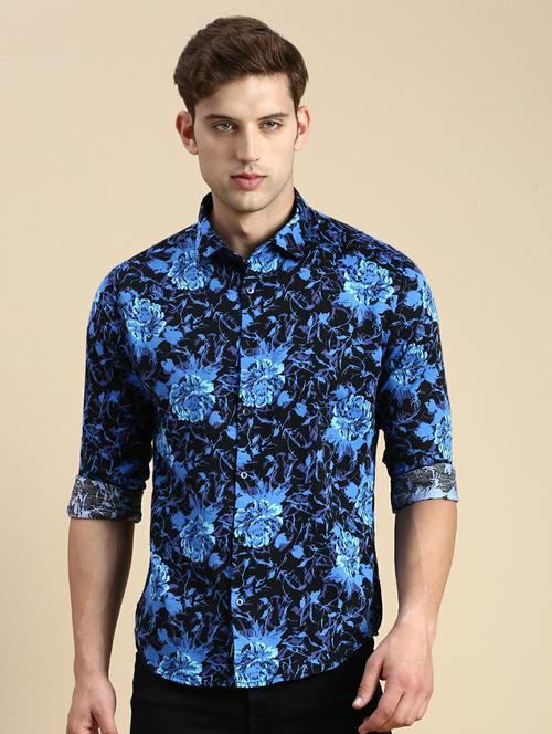 Men Navy Blue Slim Fit Long Sleeve Casual Shirt - 19944587 - Very Small Image - 1