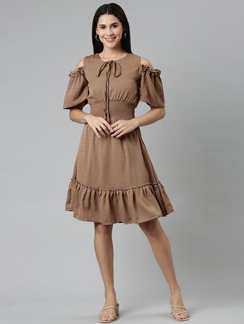 beige solid cold shoulder fit & flare ruffle dress - 19947719 - Very Small Image - 1