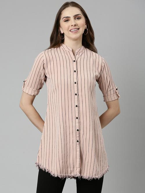 pink striped mandarin neck long shirt - 19947878 - Very Small Image - 1