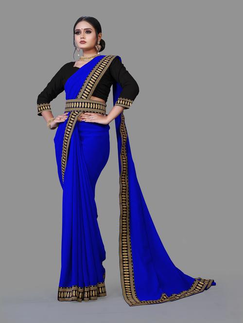 women's bordered blue colored saree with blouse - 19949810 - Very Small Image - 1