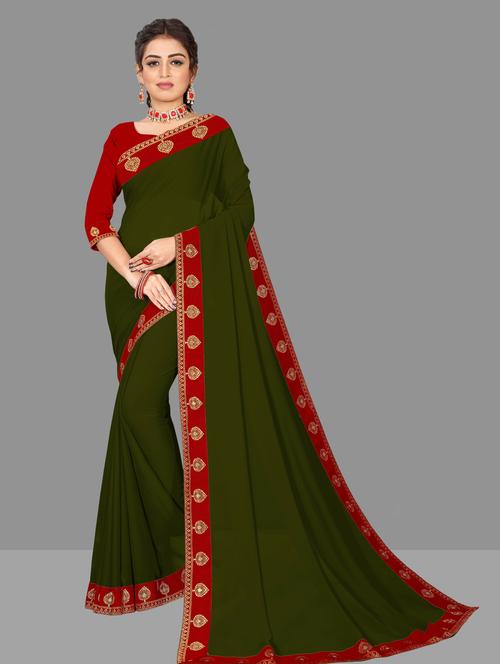 women's bordered dark green colored saree with blouse - 19950405 - Very Small Image - 1