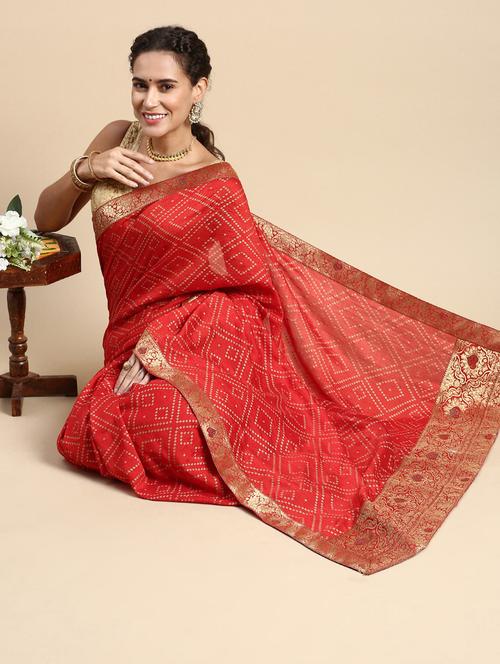 women's bandhani red colored saree - 19951794 - Very Small Image - 1