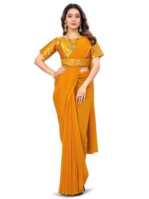 yellow solid plain saree with blouse - 19953866 - Very Small Image - 1