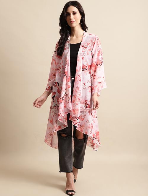 pink asymmetric floral print bell sleeves long shrug - 19954301 - Very Small Image - 1