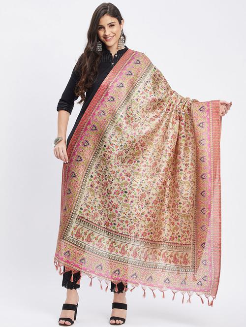 beige floral print dupatta with fringes - 19955261 - Very Small Image - 1