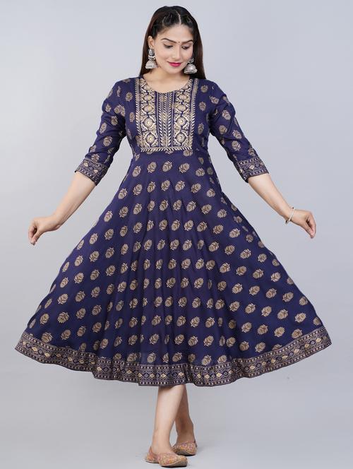 navy blue embroidered three quater sleeves ethnic dress - 19955284 - Very Small Image - 1