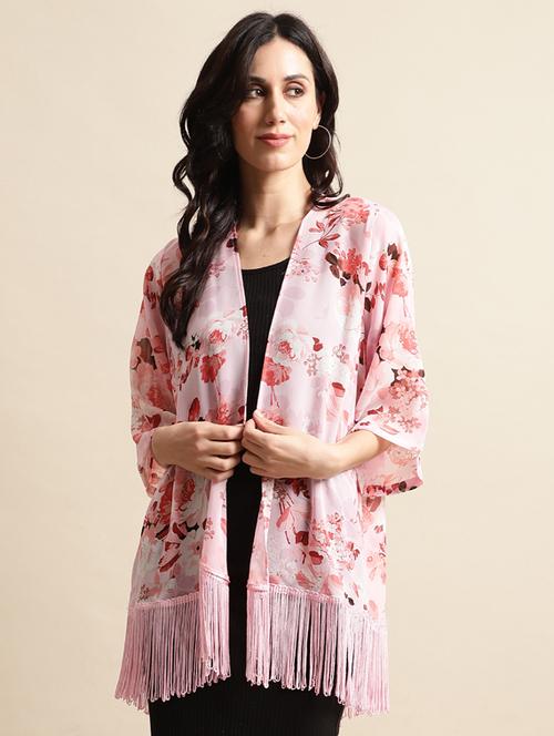 pink floral print three quater long shrug - 19956222 - Very Small Image - 1