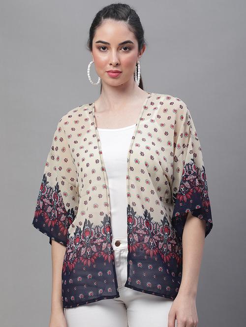 beige printed three quater sleeves shrug  - 19956906 - Very Small Image - 1