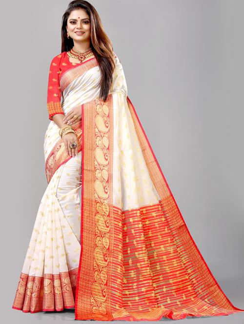 white self design assam silk saree with blouse - 19958686 - Very Small Image - 1