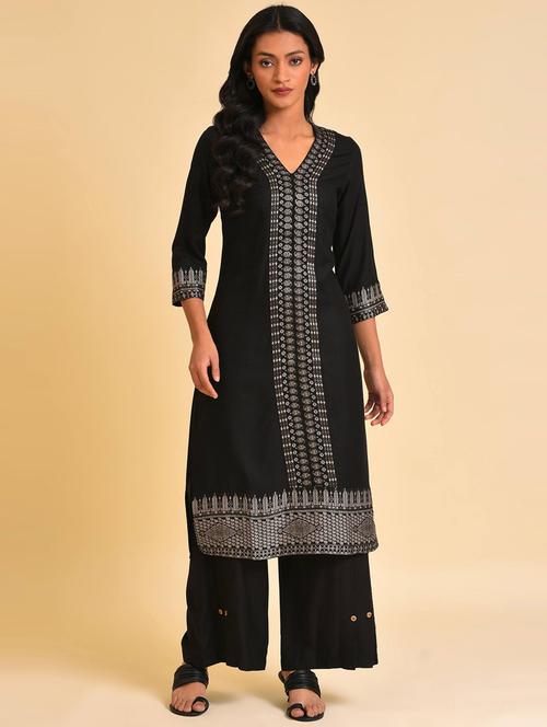 v neck self design kurta palazzo set - 19960348 - Very Small Image - 1