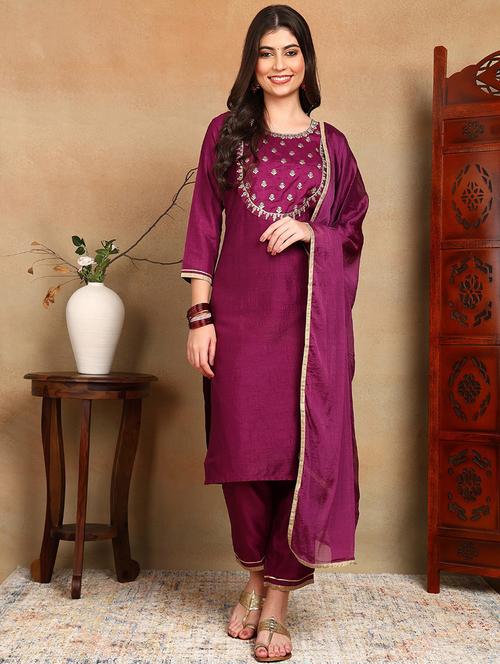 purple solid kurta palazzo set with dupatta - 19961972 - Very Small Image - 1