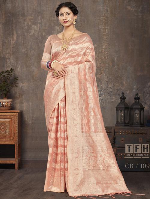 peach cotton saree with blouse - 19963304 - Very Small Image - 1