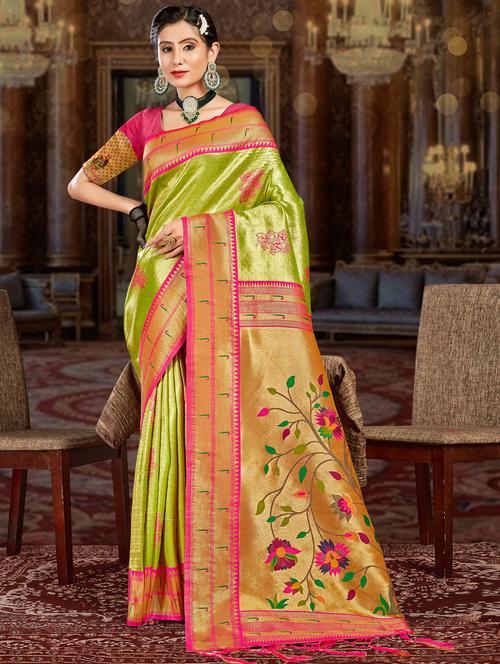 women's self design lime colored saree with blouse - 19963320 - Very Small Image - 1
