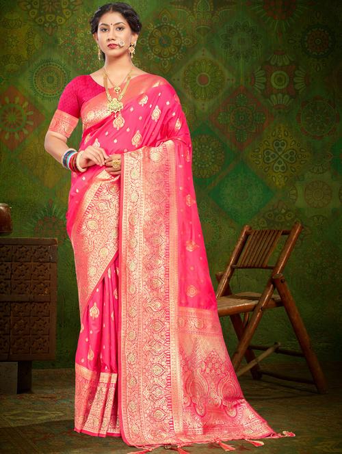 pink silk banarasi saree with blouse - 19963330 - Very Small Image - 1