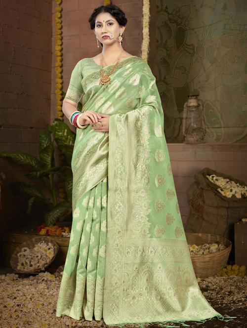green cotton saree with blouse - 19963355 - Very Small Image - 1