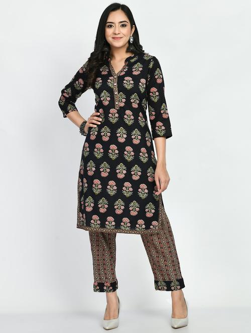 women black block print kurta pant set - 19966203 - Very Small Image - 1