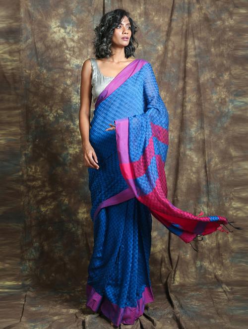 women's self design royal blue colored saree with blouse - 19968262 - Very Small Image - 1