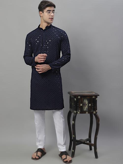 navy blue chikankari embroidered and sequin kurta pyjama. - 19969988 - Very Small Image - 1