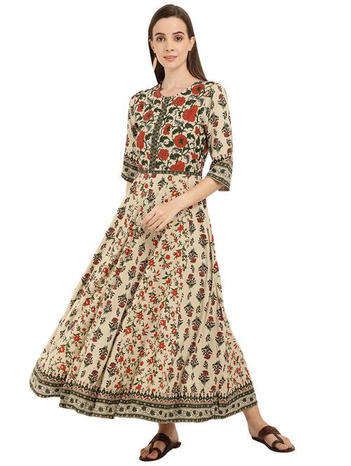 beige round neck printed flared dress - 19970073 - Very Small Image - 1