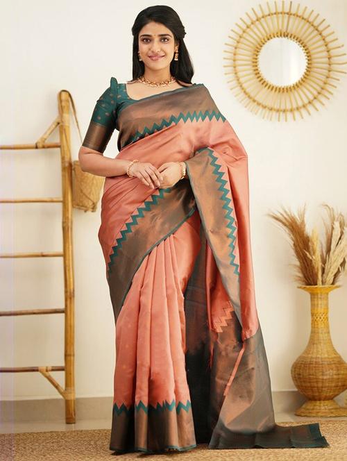 women's polka dots peach colored saree with blouse - 19975503 - Very Small Image - 1
