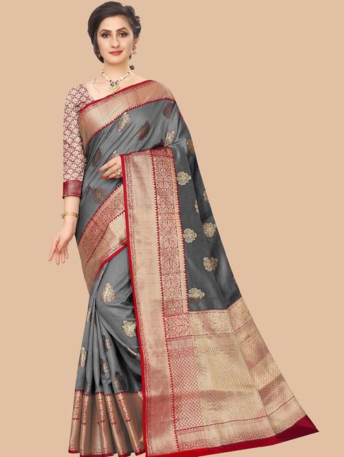 grey self design kanjivaram saree with blouse - 19979557 - Very Small Image - 1