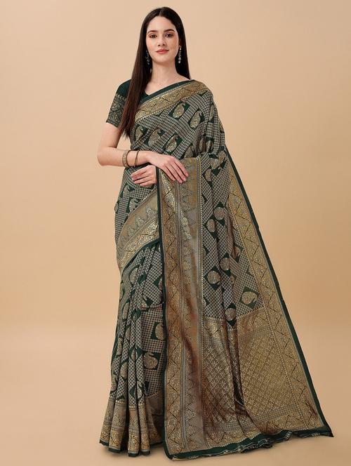 dark green art silk kanjivaram saree with blouse - 19982128 - Very Small Image - 1