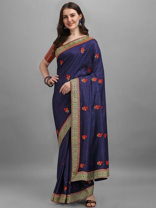 dark blue art silk bordered saree with blouse - 19982230 - Very Small Image - 1