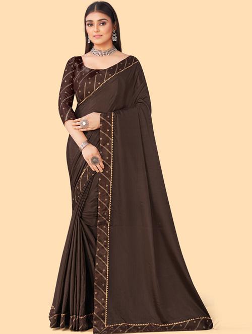 brown solid bordered saree with blouse - 19982297 - Very Small Image - 1