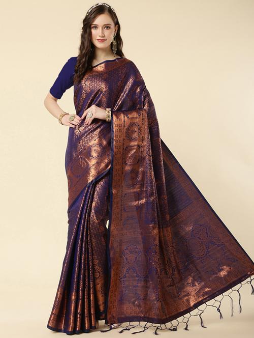 dark blue self design banarasi  saree with blouse - 19982357 - Very Small Image - 1
