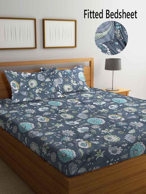 fabinaliv grey floral 300 tc cotton blend super king size fitted double bedsheet with 2 pillow covers - 19982735 - Very Small Image - 1
