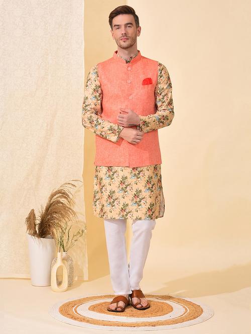 men floral kurta pyjama set with nehru jacket - 19982994 - Very Small Image - 1