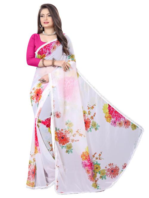 white printed saree with blouse - 19986377 - Very Small Image - 1