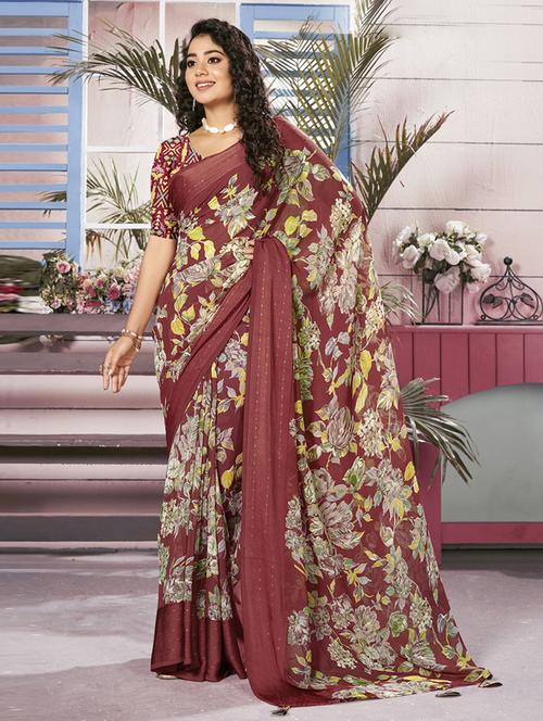 maroon printed saree with blouse - 19986860 - Very Small Image - 1