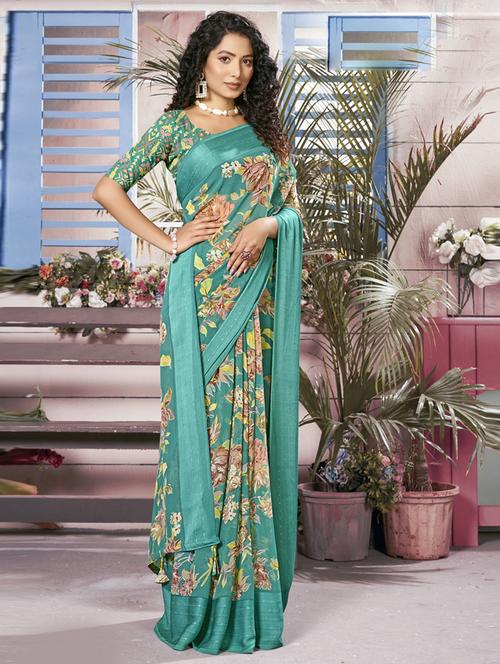 turquoise printed saree with blouse - 19986863 - Very Small Image - 1