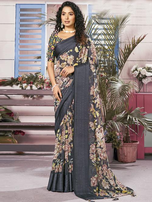 grey printed saree with blouse - 19986864 - Very Small Image - 1